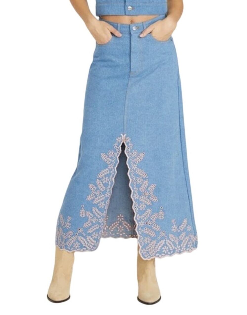 Driftwood Serena Maxi Denim Embroidered Boho Skirt in Pink Promise Size 33